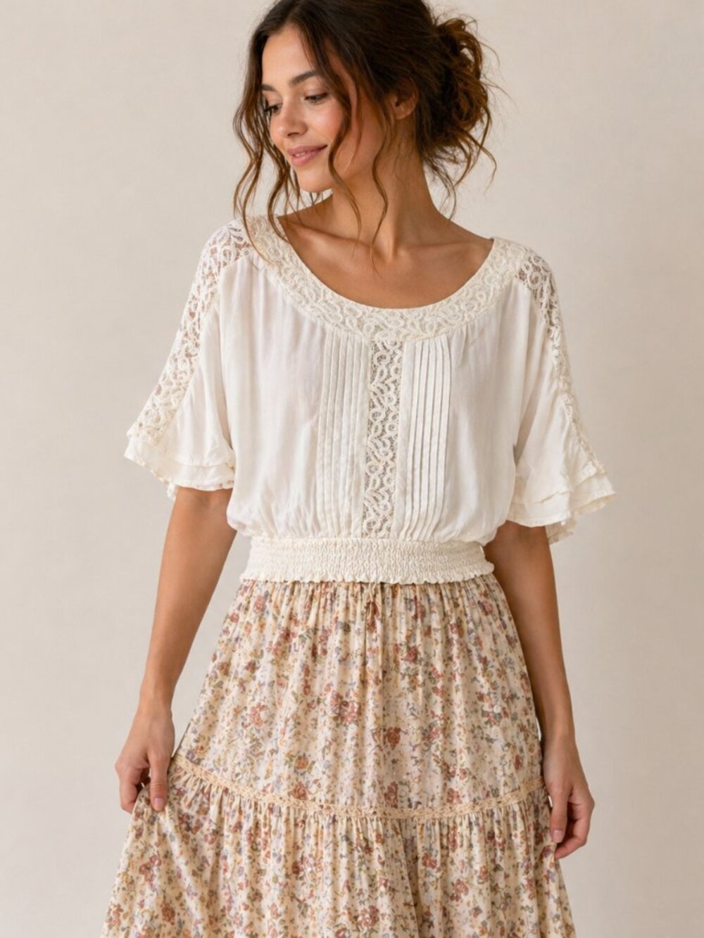 Grass Collection Ivory Lace Trim Cropped Blouse S Boho Peasant Top